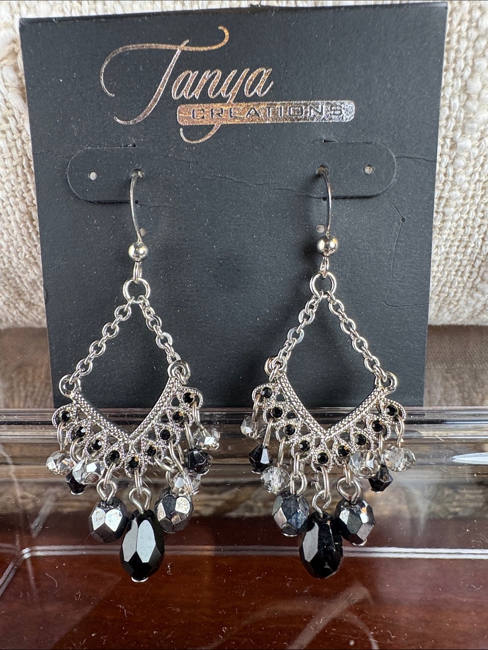 0541-Tanya Creations Silver-tone Black Bead Chandelier Earrings‎